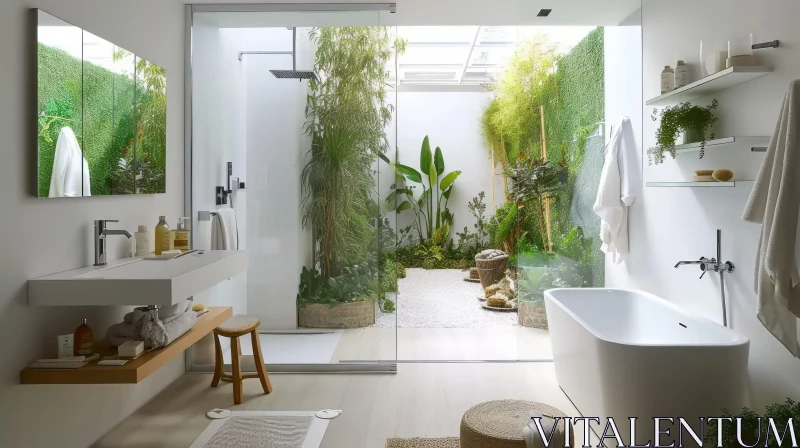 Modern Bathroom with Glass Window and Lush Garden View AI Image