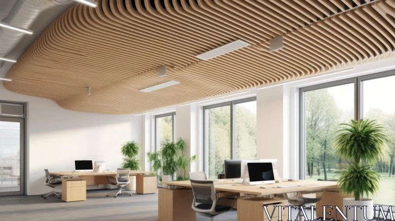 Bright Modern Office Interior with Wooden Wave-like Ceiling AI Image