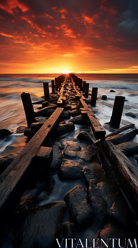 Captivating Sunset: Old Wooden Walkway by the Ocean AI Image