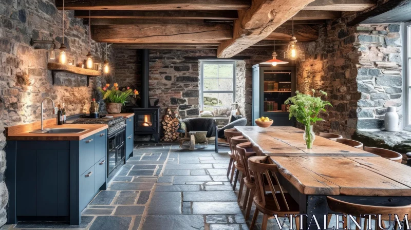 Cozy Rustic Kitchen with Wooden Dining Table and Stone Fireplace AI Image