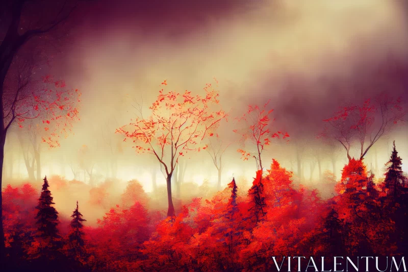 Enchanting Red Foggy Forest: Digital Painting Landscape AI Image