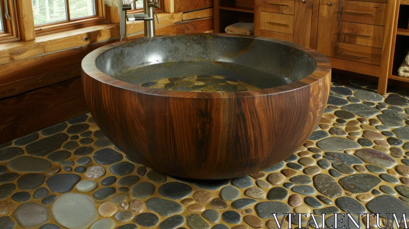 Exquisite Wooden Bathtub: Crafted Elegance and Natural Beauty AI Image