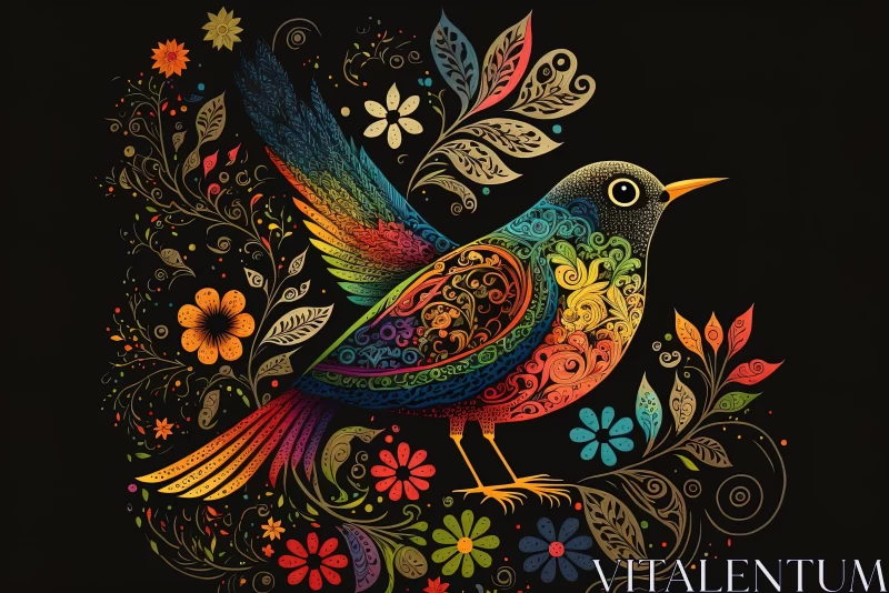 Intricate Floral Designs: Captivating Bird Art on Black Background AI Image
