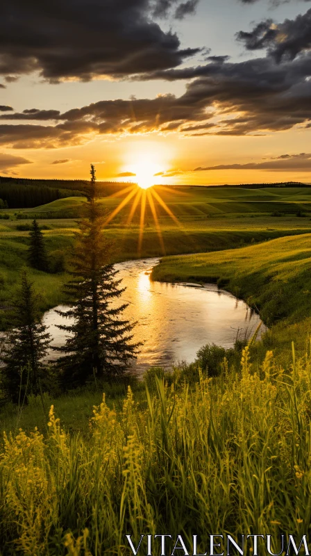 Reflective Sunset in the River: Captivating Rural America and Scottish Landscapes AI Image