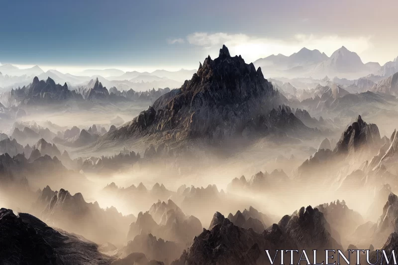Serene Fantasy Mountain Landscape with Fog - Highly Detailed Dragoncore Artwork AI Image