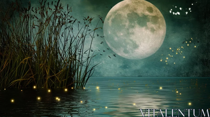 Serene Night Landscape with Full Moon, Lake, and Reeds AI Image