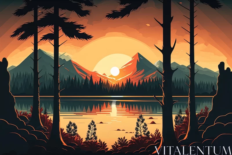 Serene Sunset Landscape Illustration in the Mountains AI Image