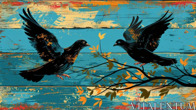 Black Birds in Flight: Rustic Folk Art Painting AI Image