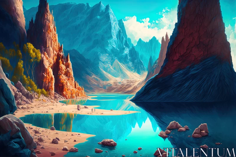Captivating Mountain and Waterway Painting in Hyper-Detailed Illustrations AI Image