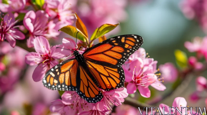 Close-up of Monarch Butterfly on Flowering Peach Tree AI Image