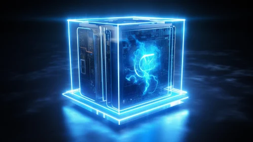 Glowing Blue Circuit Board 3D Illustration in Transparent Cube
