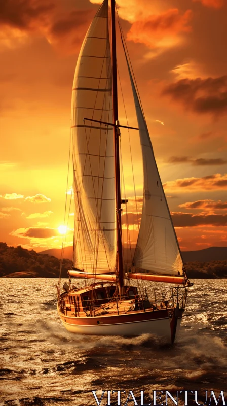 Golden Sunset Sail Boat on the Ocean | Romantic Seascape Photography AI Image