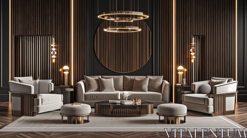 Elegant Living Room with Dark Wood Paneling and Golden Accents AI Image