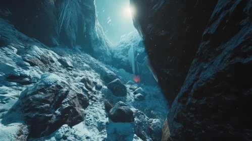 Enchanting 3D Rendering of a Snow-Covered Canyon with a Frozen Waterfall