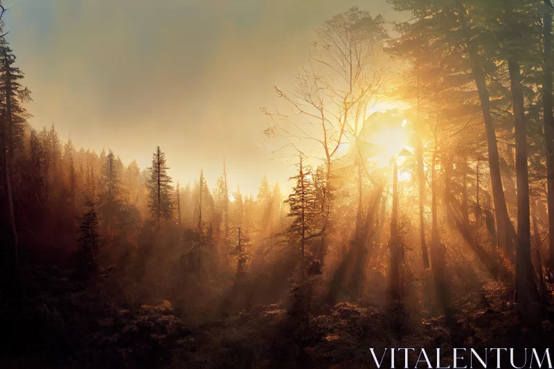 Foggy Forest at Sunset: Hyper-Detailed Rendering of Norwegian Nature AI Image