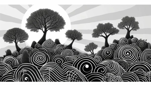 Minimalist Black and White Landscape Illustration with Rolling Hills and Sun