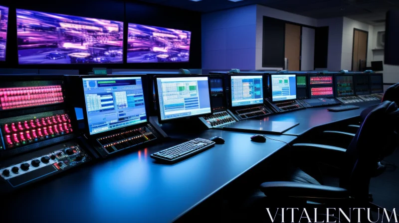 Modern Control Room with Computer Monitors and Blue Lighting AI Image