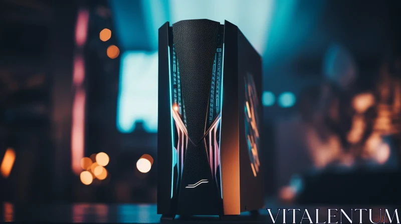 Modern Gaming PC Case with RGB Lighting on City Night Background
