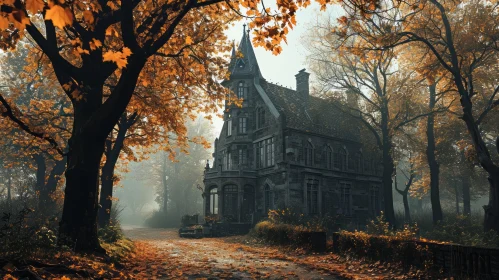 Mysterious Haunted House in a Misty Forest