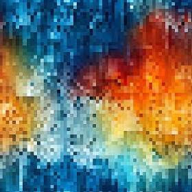 Pixelated Mosaic of Blue, Orange, and Yellow Squares