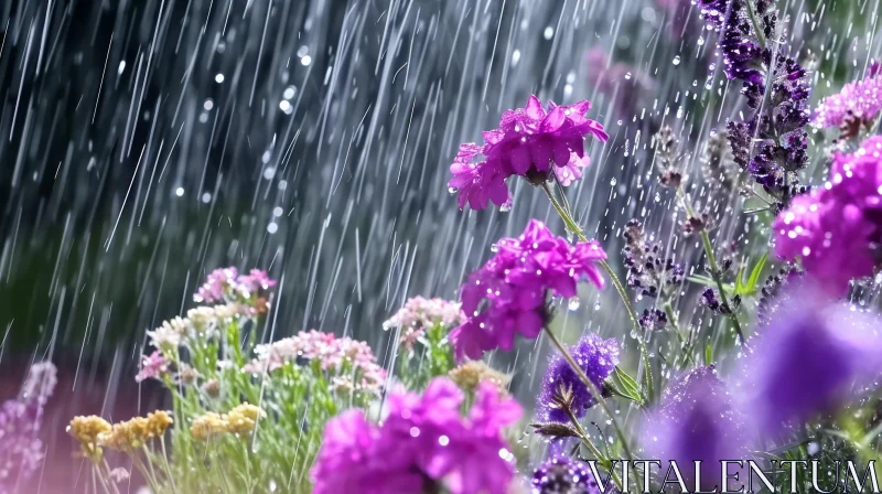 Rainy Garden of Pink and Purple Flowers | Nature Photography AI Image