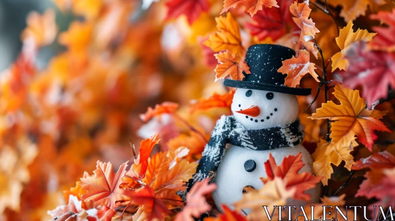 Snowman Among Autumn Leaves - A Delightful Nature Scene AI Image