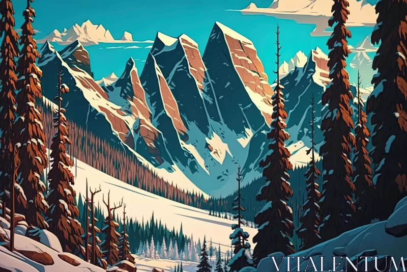 Snowy Landscape with Mountains in Vintage Poster Style | Hyper-Detailed Art