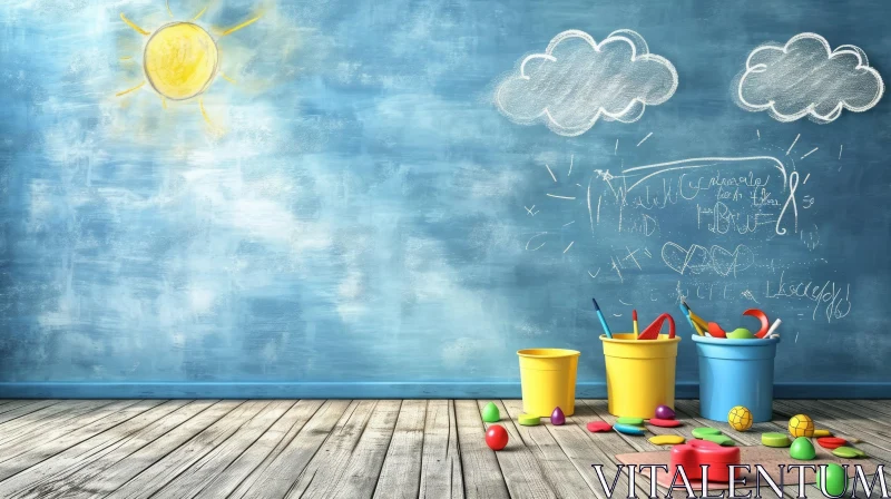 Whimsical Blue Wall with Sun and Clouds Drawing | Playful Wooden Floor AI Image