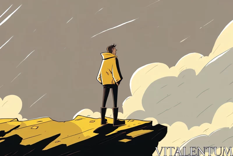 AI ART Breathtaking Cartoon Illustration of Man on Hill with Clouds | Dark Yellow and Dark Silver