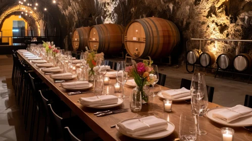 Elegant Dinner Setting in a Wine Cellar | Wooden Table, Flowers, Candles