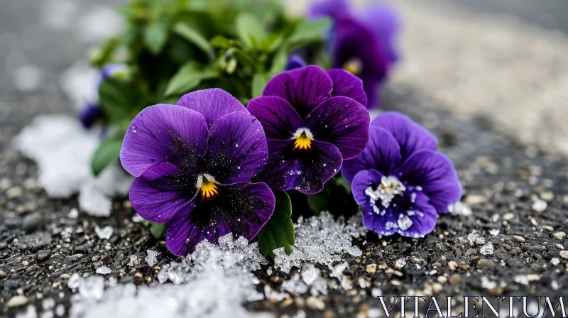 Purple Pansies with Yellow Centers - Dew-Covered and Glossy AI Image