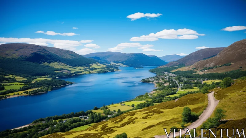 Serene Beauty of a Scottish Lake and Fields AI Image