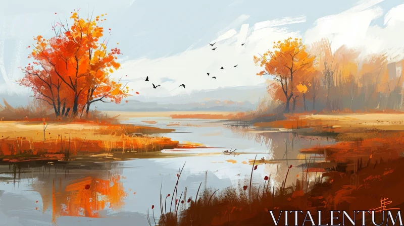 Serene Landscape Painting: Fall River Scene AI Image