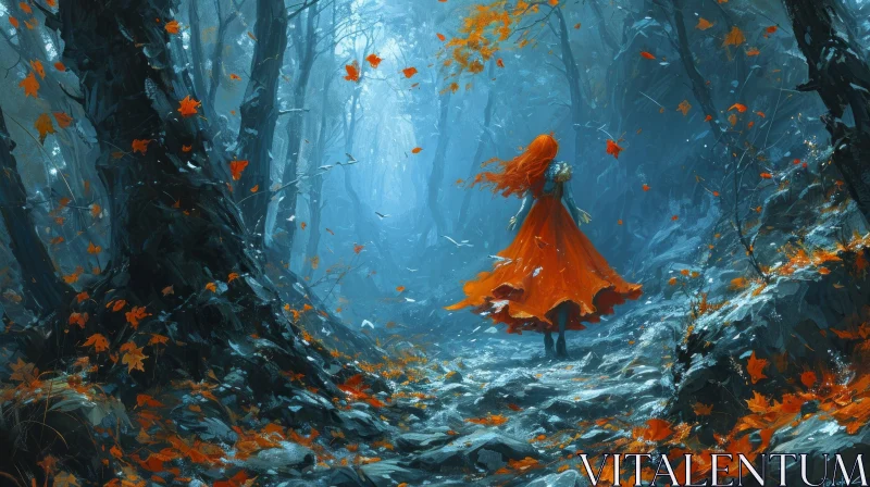 Serene Woman in Red Dress Walking through a Lush Forest AI Image