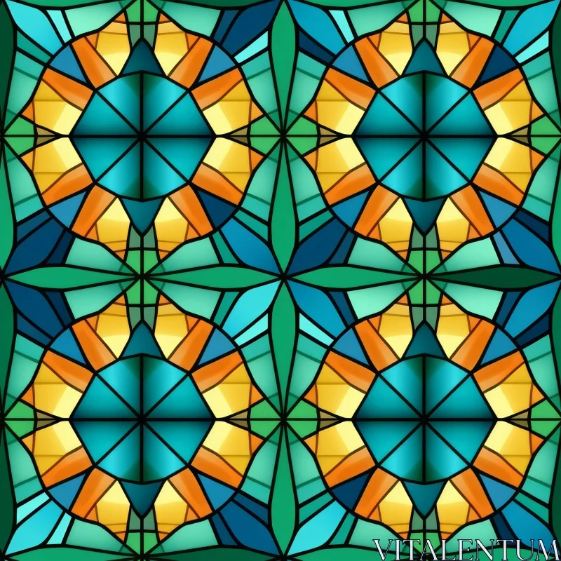 Symmetrical Stained Glass Window Pattern in Blue, Green, and Yellow AI Image