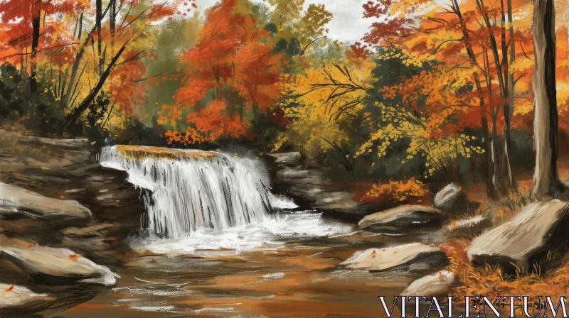 Autumn Waterfall Landscape Painting | Vibrant Trees and Cascading Water AI Image