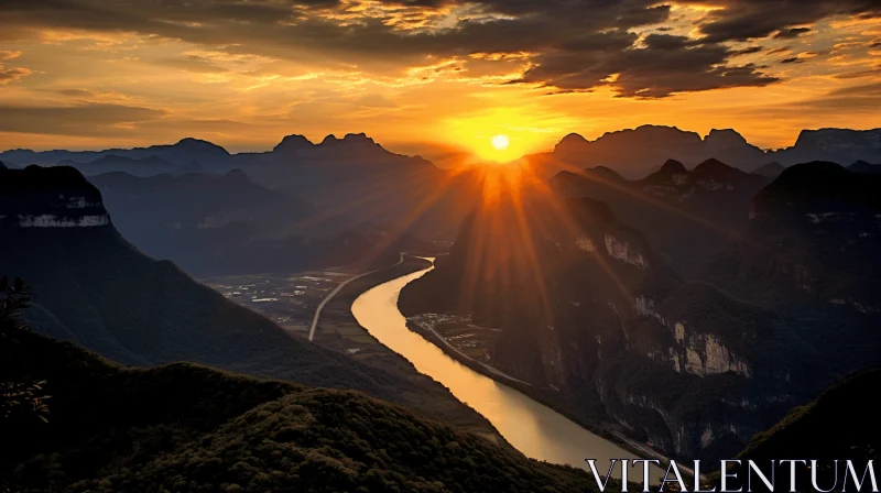 Captivating Sunrise over a Serene River with Majestic Mountains AI Image