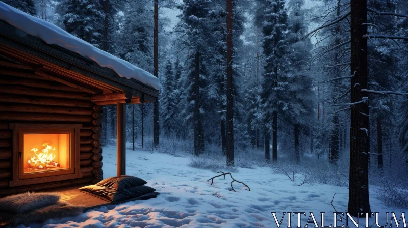 Cozy Wooden Cabin in Snowy Forest AI Image