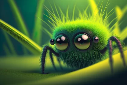 Cute Green Spider Sitting on Grass - Cartoon Realism