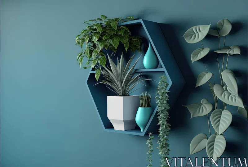 Geometric Interior Composition with Green Planter Wall on Blue Background AI Image