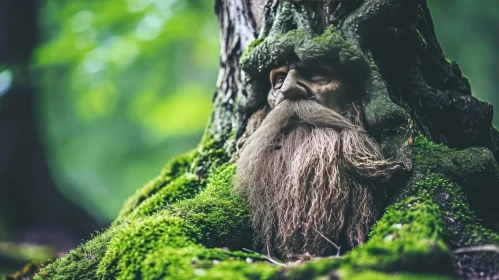 Mystical Tree Trunk with Mossy Face in Enchanting Forest