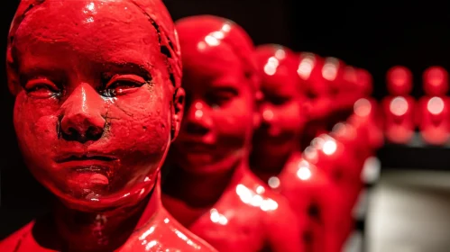 Red Sculptures of Children's Heads | Unique Art Installation