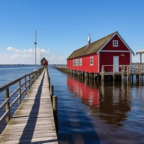 Serene Red Barn on Water with Sun Shining - Dutch Marine Scene