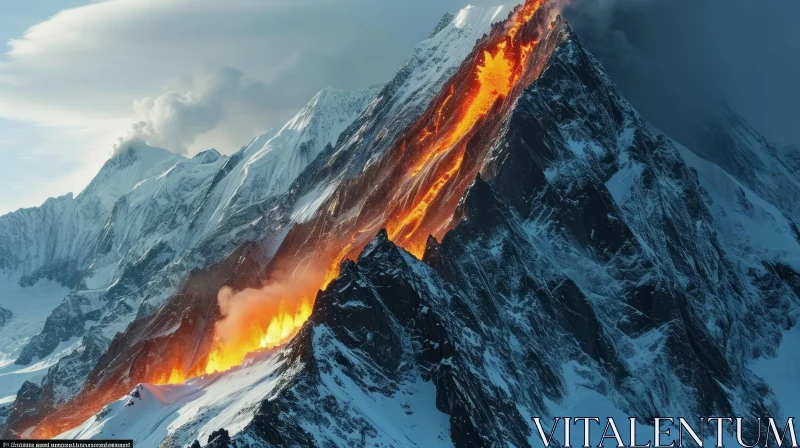 Volcanic Eruption on Snow-Capped Mountain | Devastation and Destruction AI Image