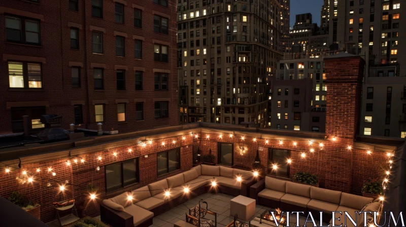 Enchanting Evening: Spectacular Rooftop Terrace with City Skyline View AI Image