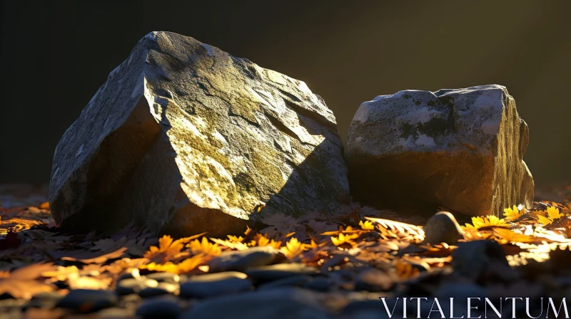 Enchanting Forest Scene: 3D Render of Rocks Bathed in Sunlight AI Image