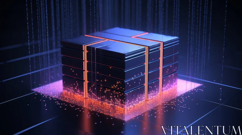 Glowing Blue and Orange Server Tower - Futuristic 3D Rendering AI Image