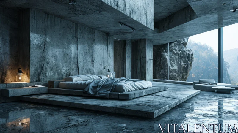 Minimalist Modern Bedroom with Concrete Interior | Serene Mountain Landscape AI Image