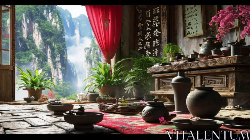 Traditional Chinese Tea Room with Mountain View AI Image