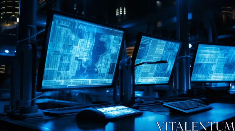 Blue Glowing Computer Monitors in Dark Room AI Image